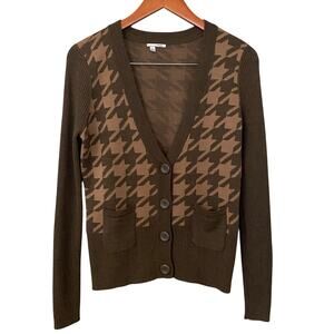 Nordstrom Halogen Houndstooth Cardigan Medium Brown Merino Wool Academia Y2K